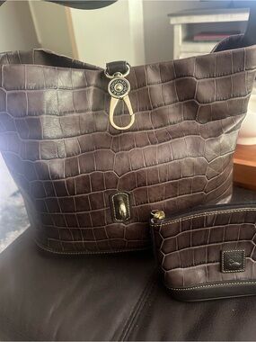 Dooney & Bourke Dark Brown Croc-Embossed Tote with Matching Cosmetic Case